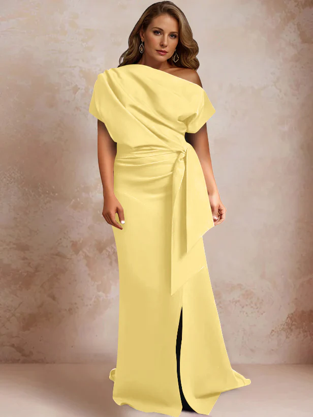 Trumpet/Mermaid One-Shoulder Short Sleeves Floor-Length Plus Size Mother of the Bride Dresses with Ruffles & Split Side - Image 53