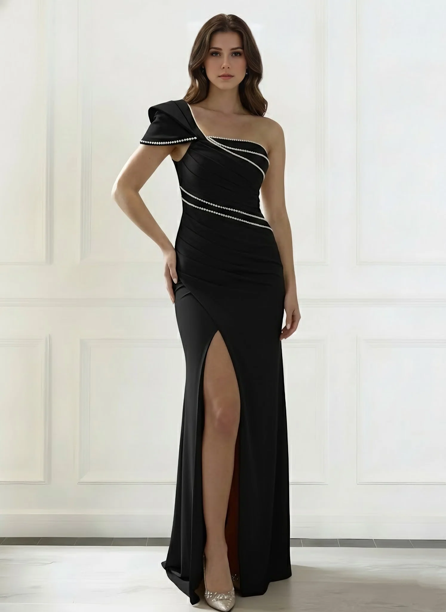 Trumpet/Mermaid One-Shoulder Stretch Satin Evening Dresses with Split Side Floor-Length Sleeveless Sequins Party Dresses - Image 3