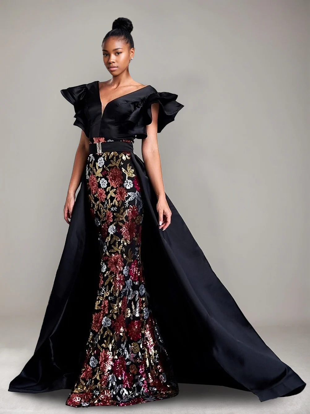 Trumpet/Mermaid Plunge V-Neck Ruffled Sleeves Evening Dresses with Belt & Floral Sequins & Watteau Train - Image 3