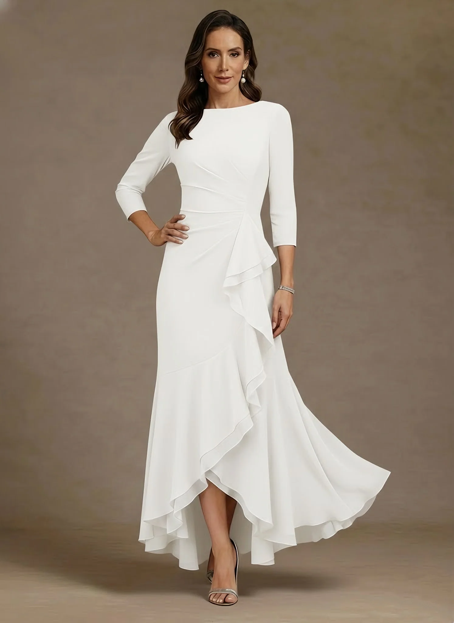 Trumpet/Mermaid Scoop Chiffon Mother of the Bride Dresses Asymmetrical Ankle-Length High Low 3/4 Sleeves Ruffles - Image 4