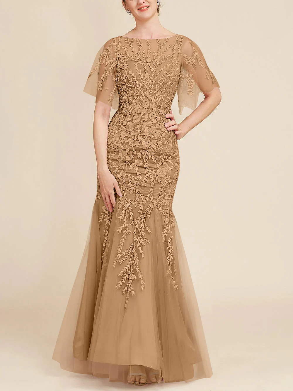 Trumpet/Mermaid Scoop Half Sleeves Floor-Length Mother of the Bride Dresses with Lace - Image 14