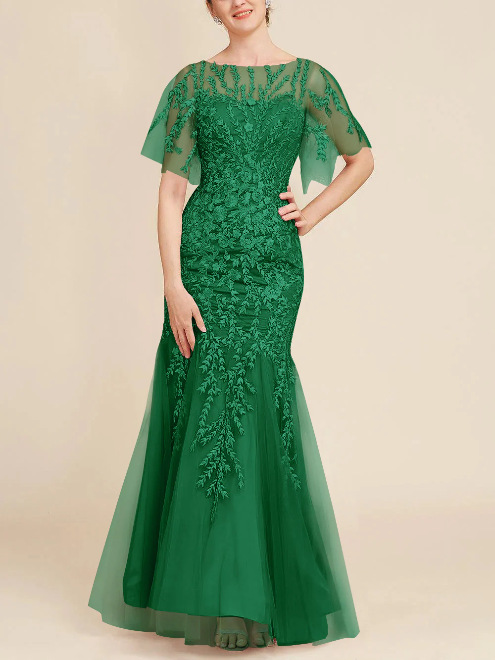Trumpet/Mermaid Scoop Half Sleeves Floor-Length Mother of the Bride Dresses with Lace - Image 56
