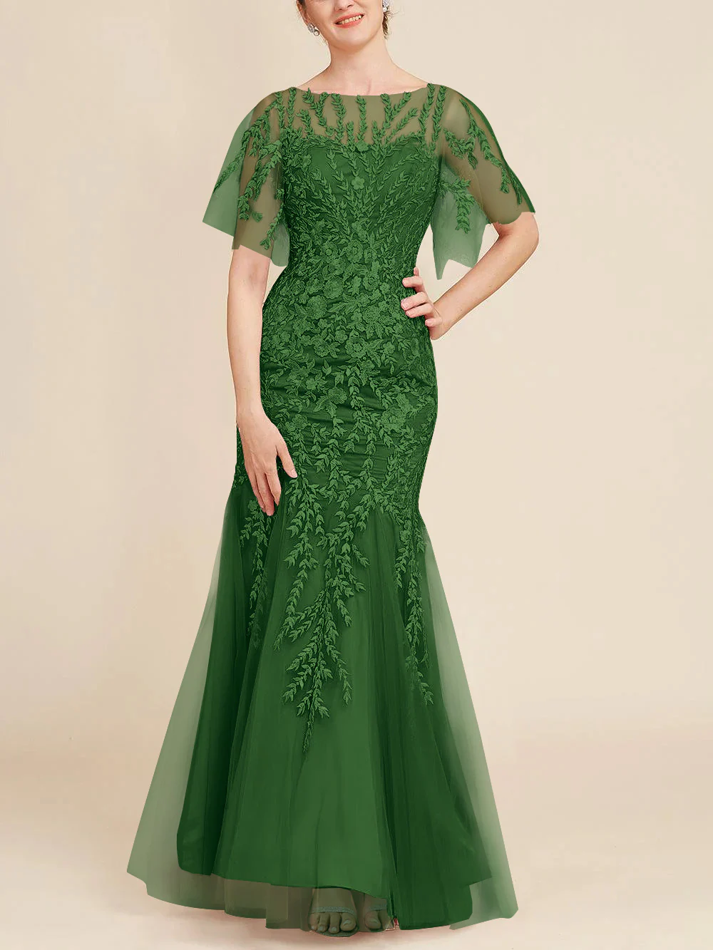 Trumpet/Mermaid Scoop Half Sleeves Floor-Length Mother of the Bride Dresses with Lace - Image 7