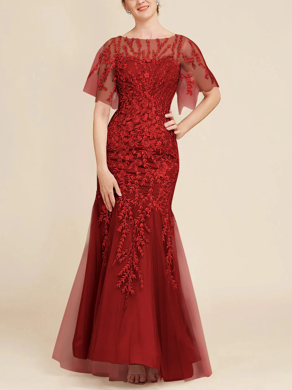 Trumpet/Mermaid Scoop Half Sleeves Floor-Length Mother of the Bride Dresses with Lace - Image 73