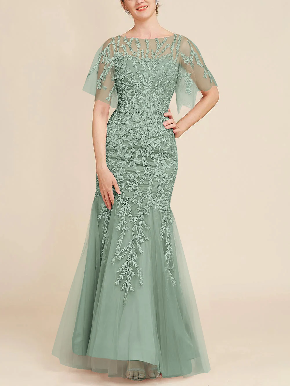 Trumpet/Mermaid Scoop Half Sleeves Floor-Length Mother of the Bride Dresses with Lace - Image 75