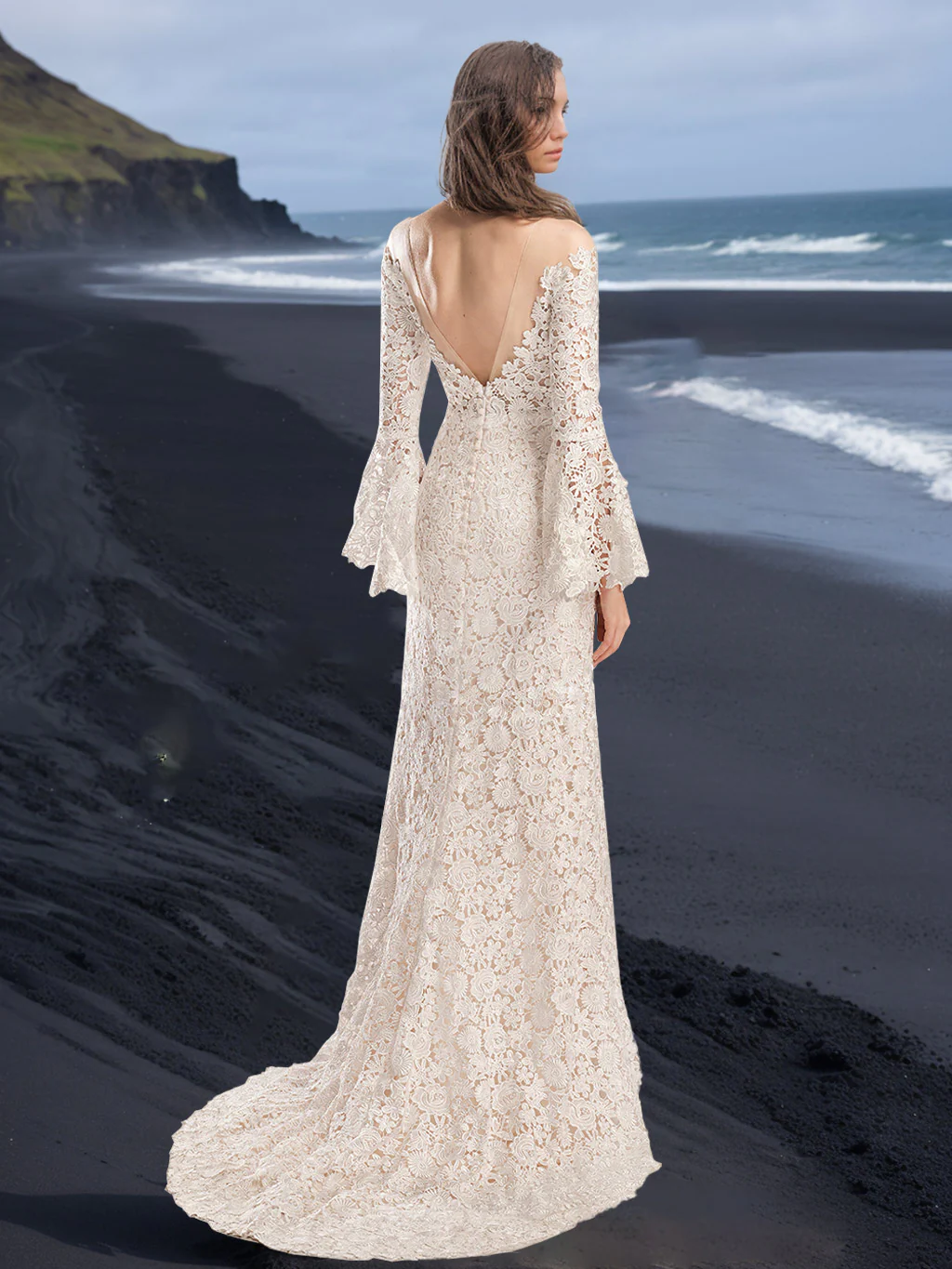 Trumpet/Mermaid Scoop Neck Long Sleeves Floor-length Wedding Dress with Lace Appliques - Image 2