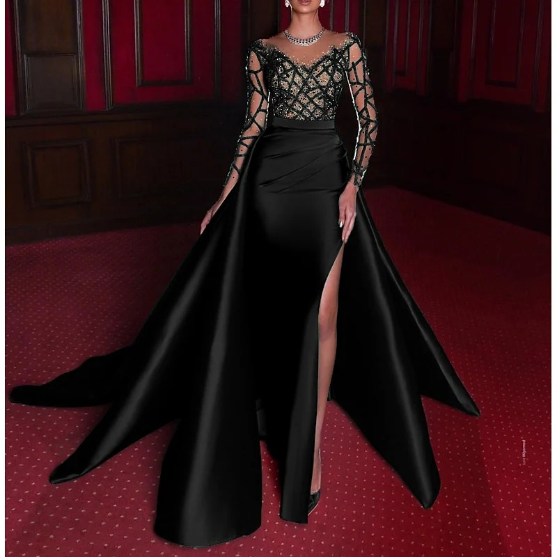 Trumpet/Mermaid Scoop Satin Evening Dresses Long Sleeves Sequins Floor-Length Party Dress with Split Side Court Train - Image 3
