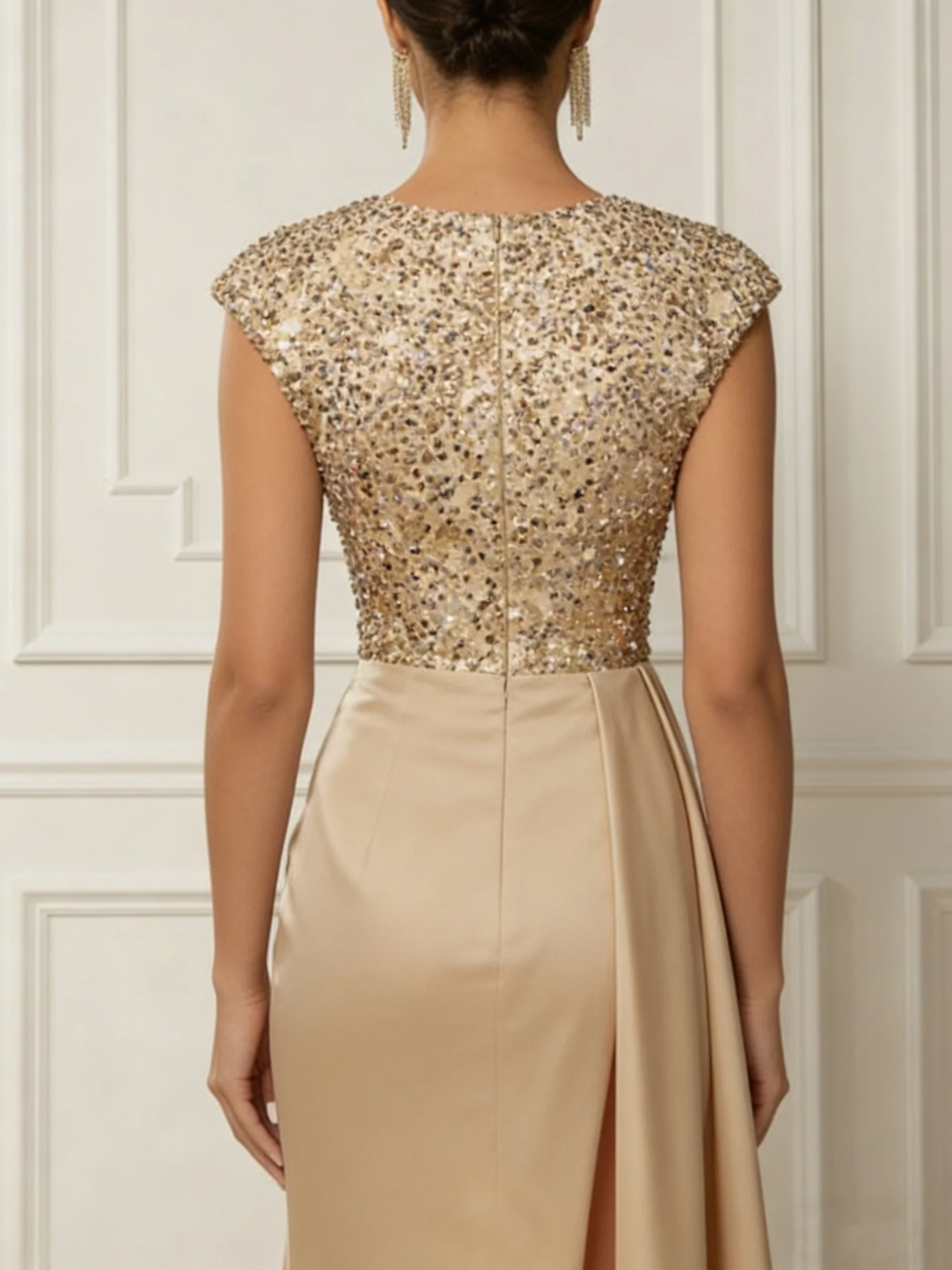 Trumpet/Mermaid Scoop Satin Evening Dresses with Split Side Sleeveless Sequins Floor-Length Party Dresses - Image 2