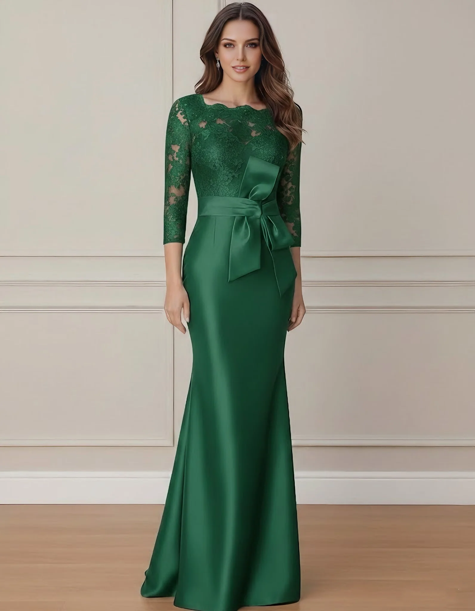 Trumpet/Mermaid Scoop Satin Mother of the Bride Dresses With Bow Lace 3/4 Sleeves Floor-Length - Image 3
