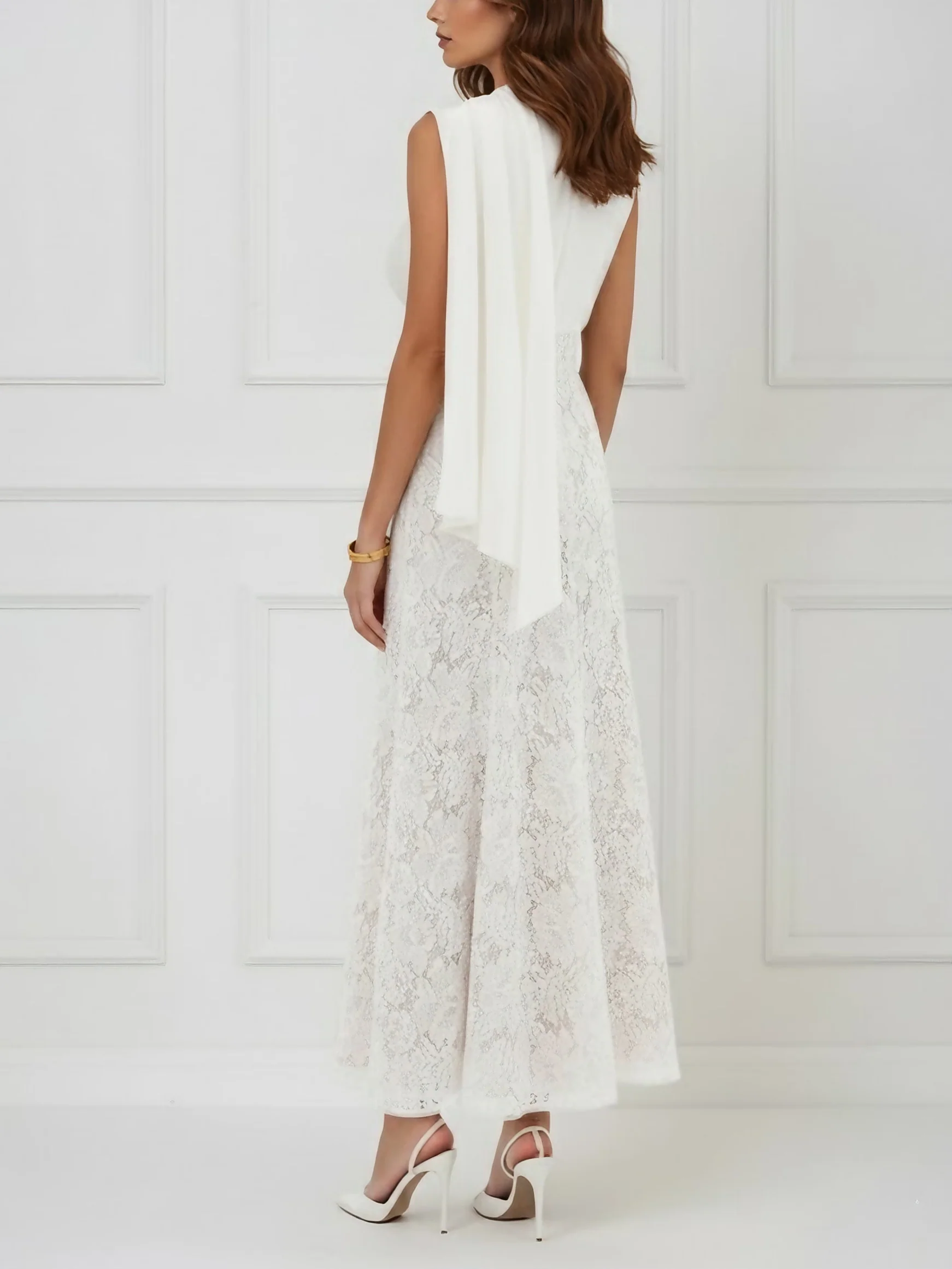 Trumpet/Mermaid Scoop Stretch Satin Cocktail Dresses with Watteau Train Lace Ankle-Length Sleevelesss Formal Dress - Image 2