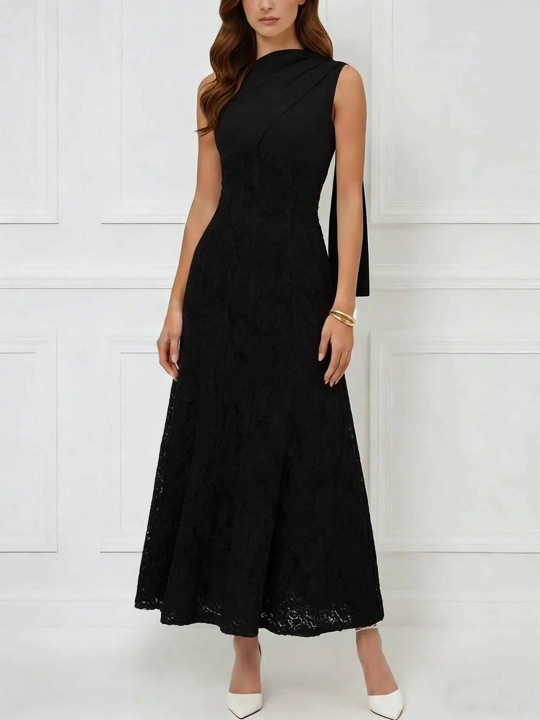 Trumpet/Mermaid Scoop Stretch Satin Cocktail Dresses with Watteau Train Lace Ankle-Length Sleevelesss Formal Dress - Image 4