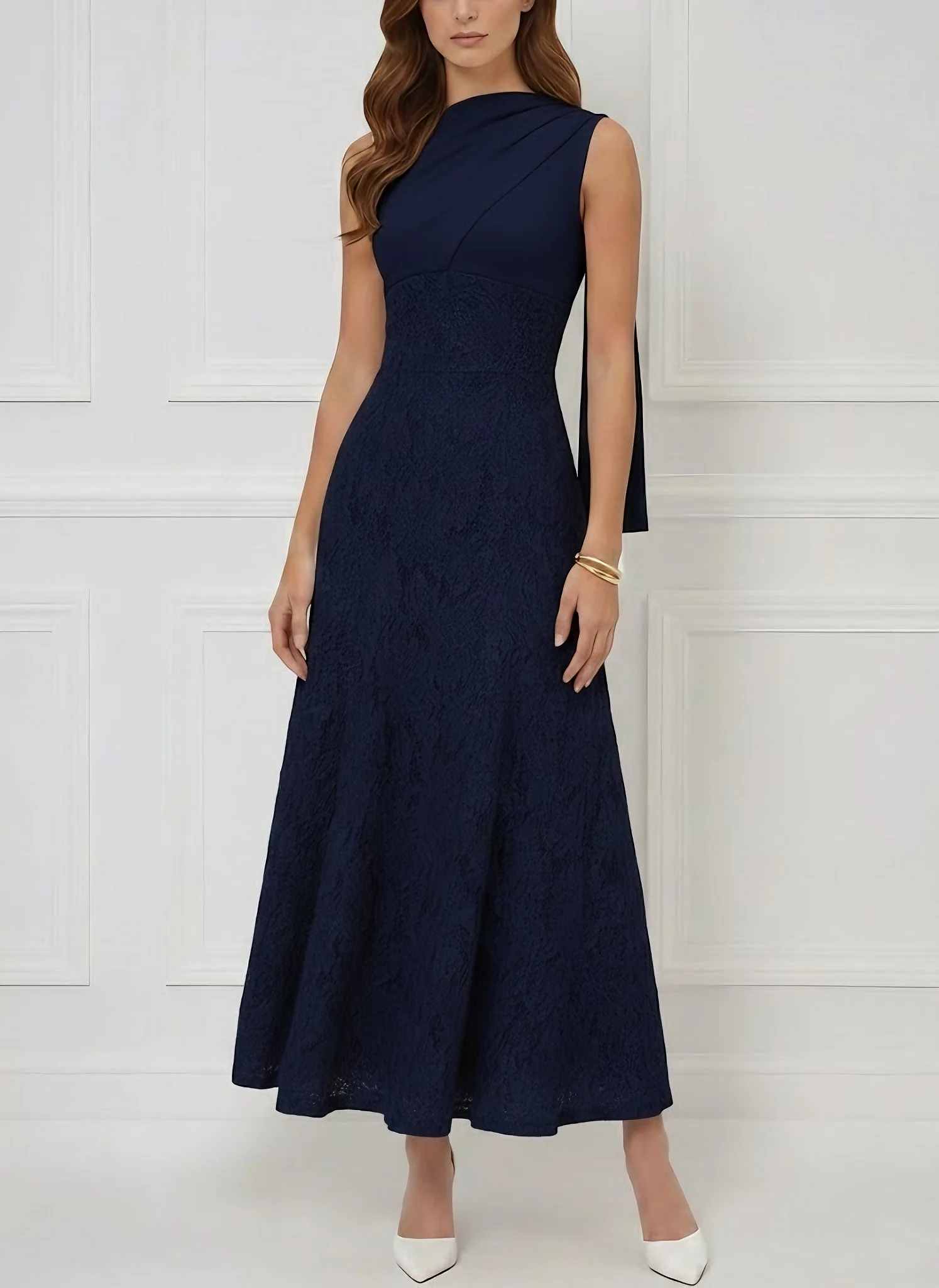 Trumpet/Mermaid Scoop Stretch Satin Cocktail Dresses with Watteau Train Lace Ankle-Length Sleevelesss Formal Dress - Image 5