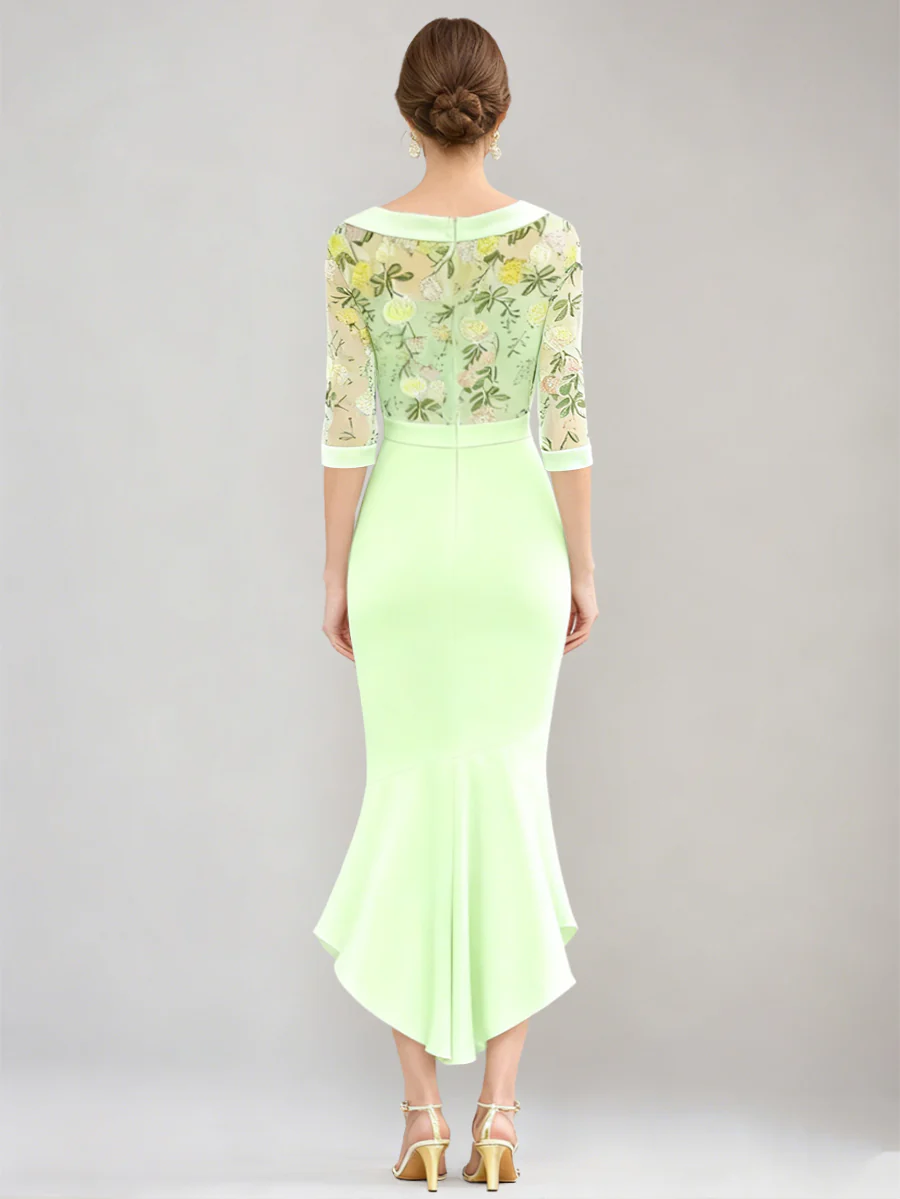 Trumpet/Mermaid Scoop Stretch Satin Mother of the Bride Dresses Floral Lace Half Sleeves Tea-Length Cocktail Dress - Image 2