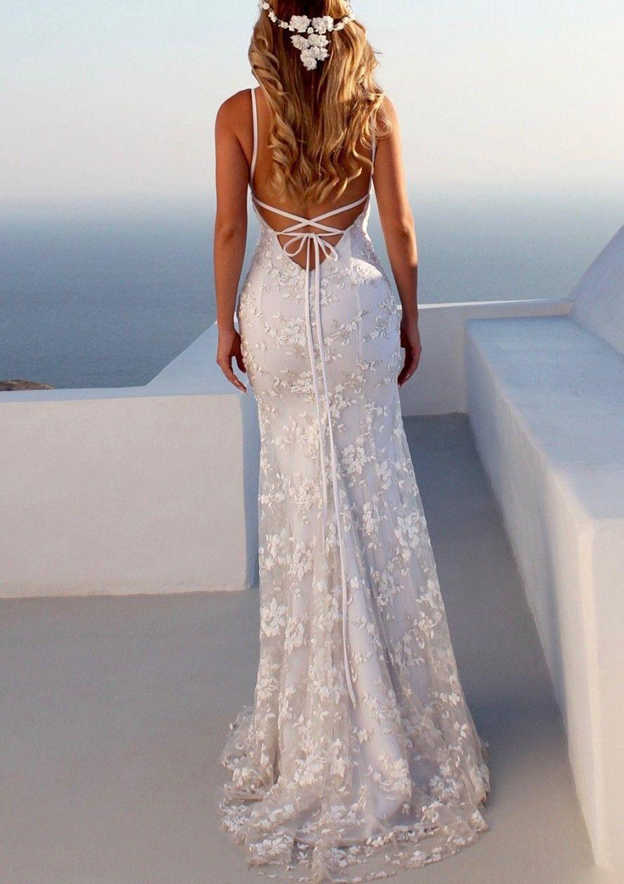 Trumpet/Mermaid Spaghetti Straps Floor-length Lace Wedding Dress - Image 2