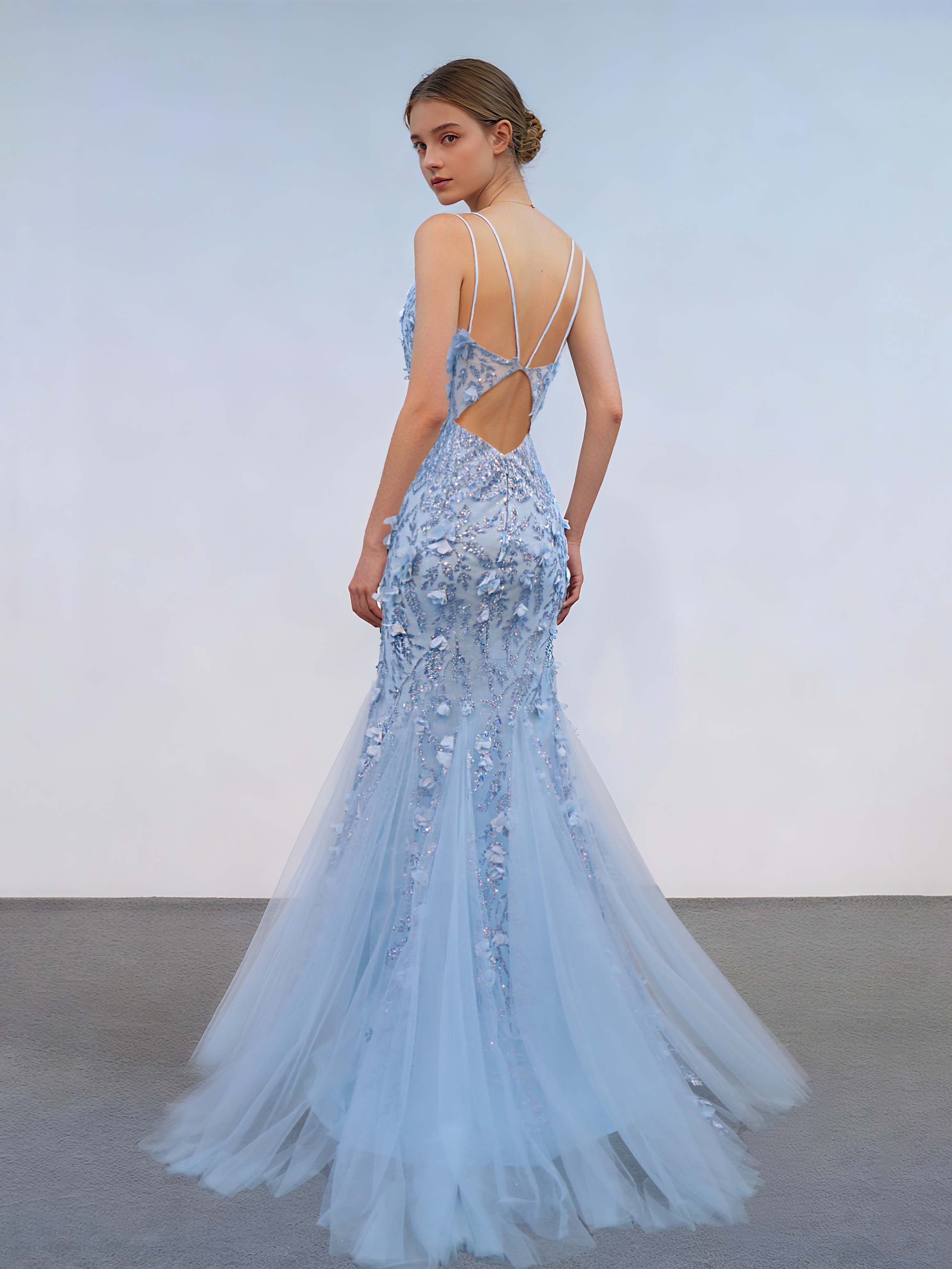 Trumpet/Mermaid Spaghetti Straps Sweep Train Evening Dresses with Side Slit & Sequins & 3D Flowers & Tulle - Image 2