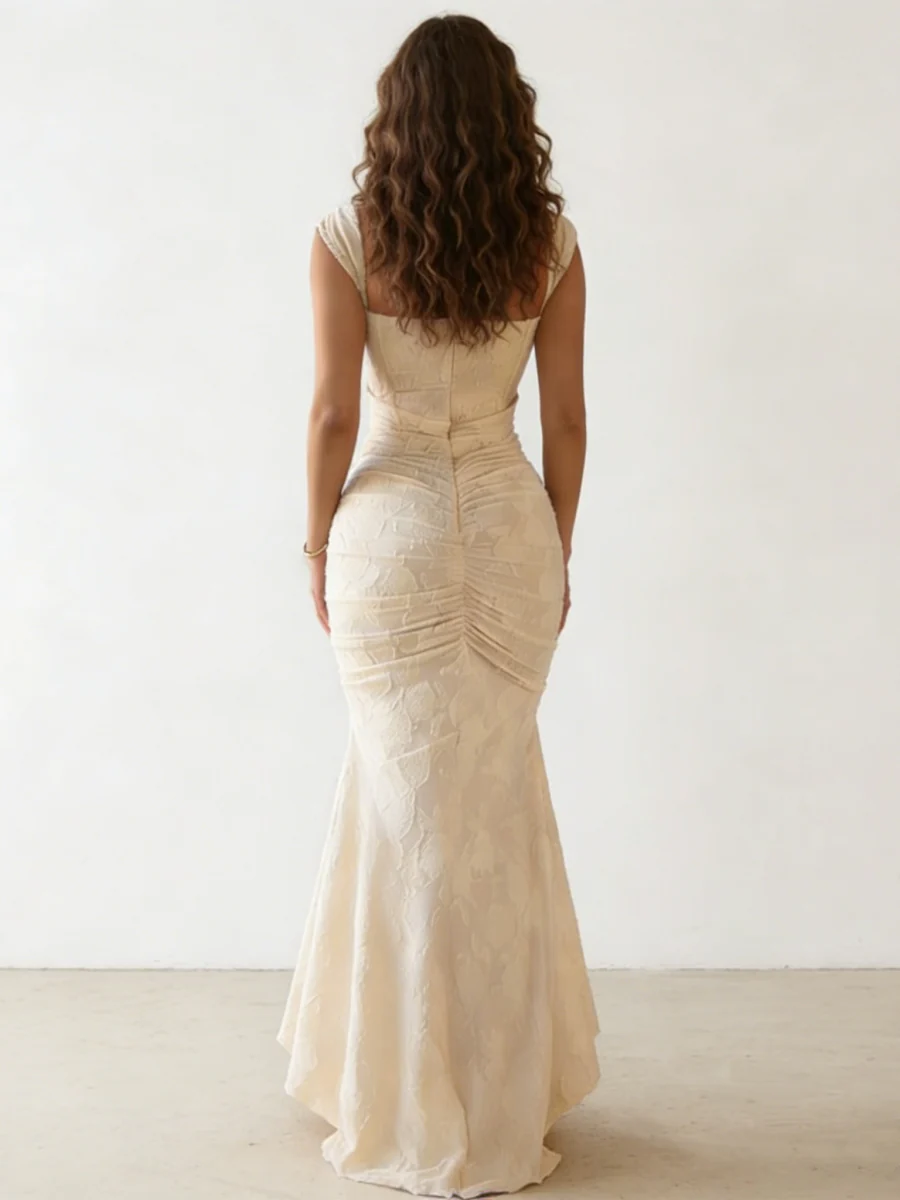 Trumpet/Mermaid Square Collar Floral Burnout Cocktail Dresses Asymmetrical Floor-Length Sleeveless Ruched Formal Dresses - Image 2