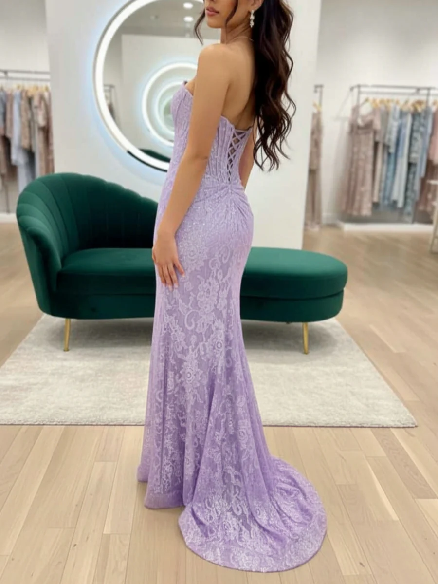 Trumpet/Mermaid Strapless Lace Prom Dresses with Split Side Sleeveless Sweep Train Floor-Length Formal Dresses - Image 2