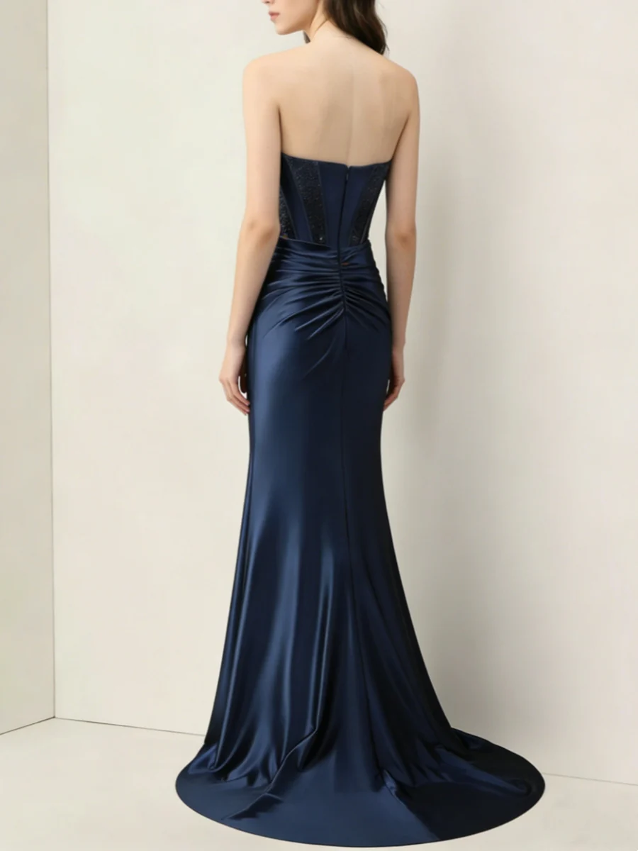 Trumpet/Mermaid Strapless Satin Evening Dresses Sleeveless Split Side Floor-Length Sweep Train with Bow - Image 2