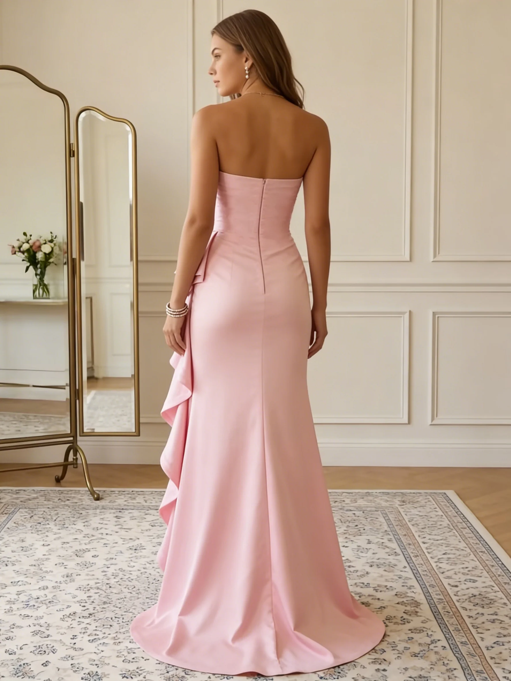 Trumpet/Mermaid Strapless Satin Prom Dresses with Split Side Sleeveless Ruffles Floor-Length Formal Dresses - Image 2
