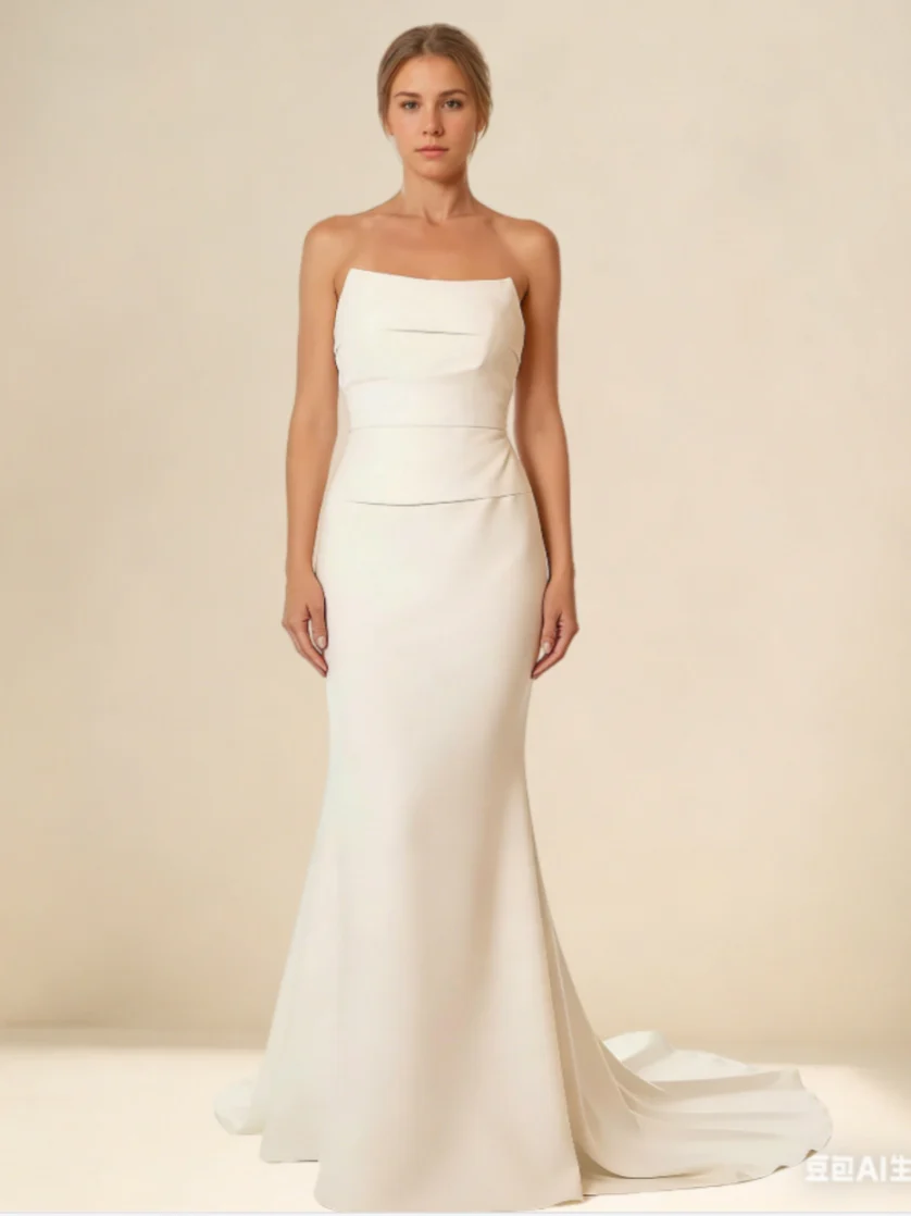 Trumpet/Mermaid Strapless Silk Satin Wedding Dresses Floor-Length Sweep Train Lace-Up Ruched