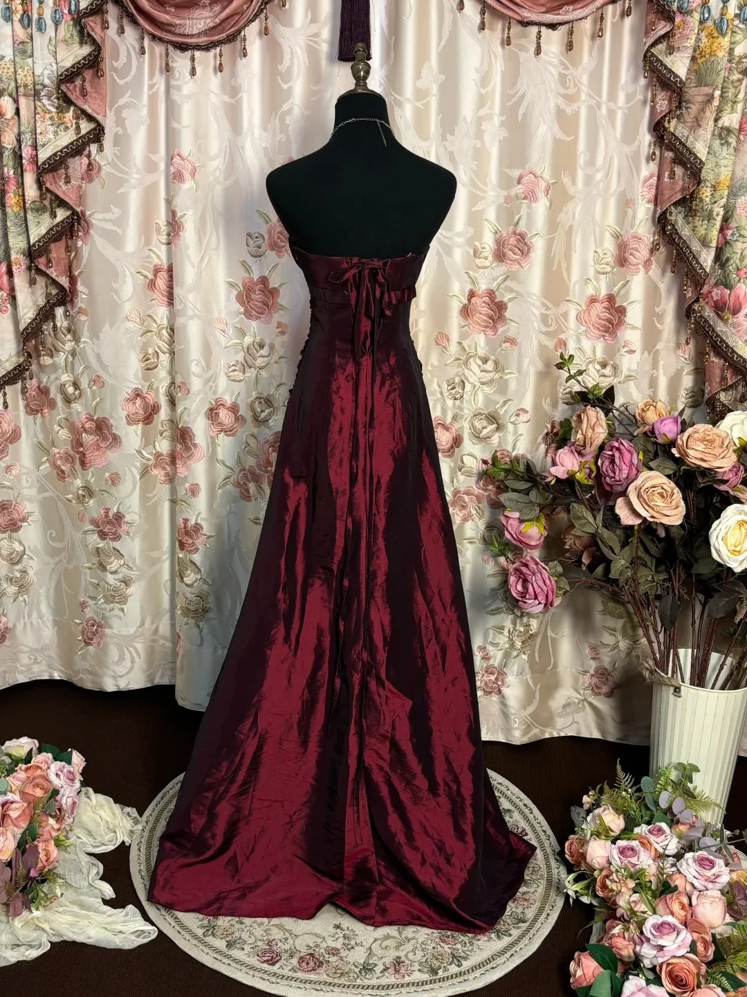Trumpet/Mermaid Strapless Sleeveless Floor-Length Taffeta Prom Dresses with Flowers & Ruffles - Image 2