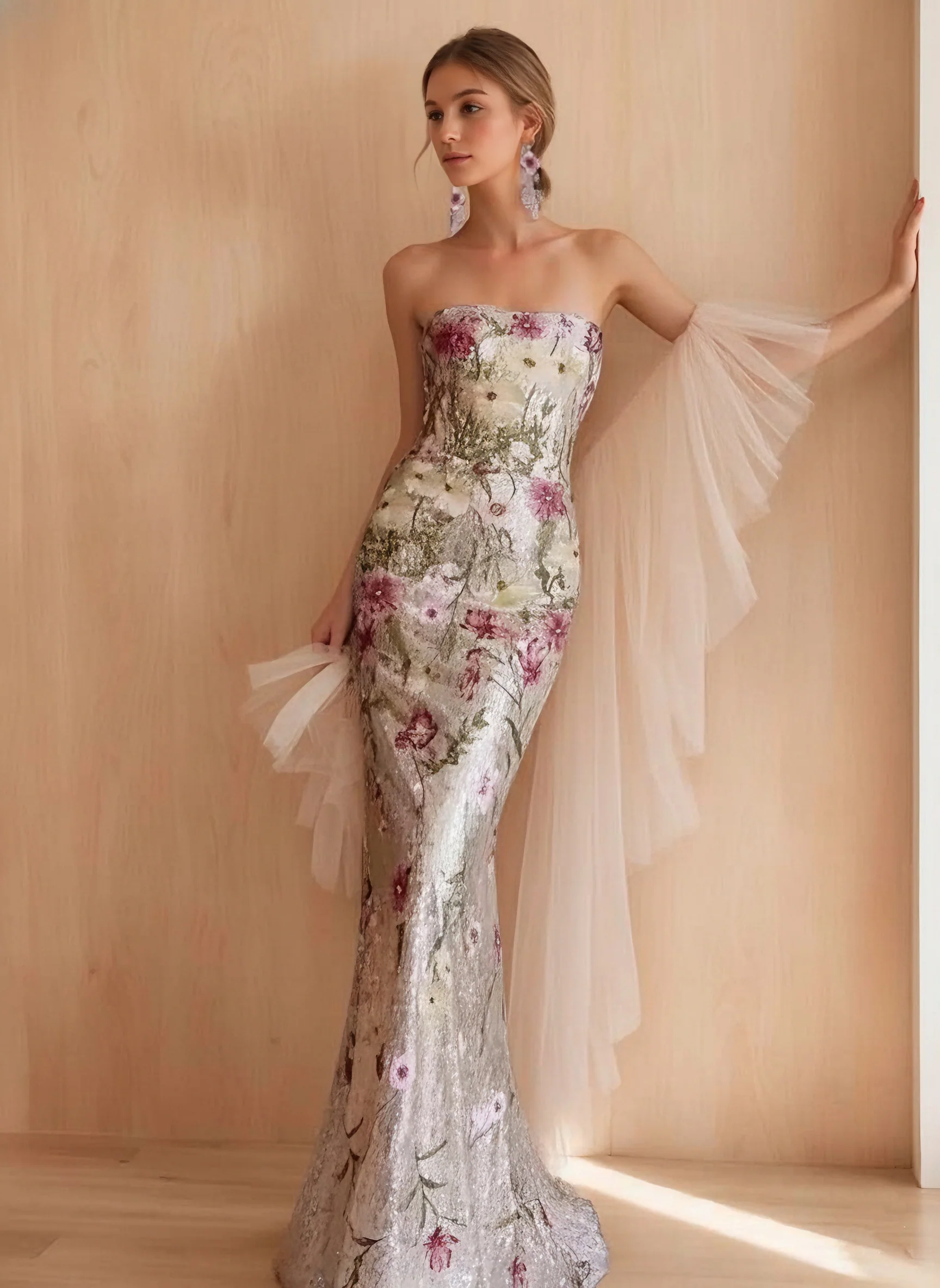 Trumpet/Mermaid Strapless Sleeveless Printed Floral Evening Dresses with Embroidery - Image 3