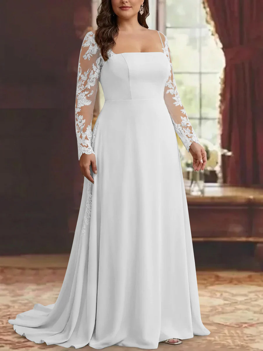 Trumpet/Mermaid Stretch Satin Plus Size Mother of the Bride Dresses Square Collar Long Sleeves Floor-Length Lace Appliques - Image 19