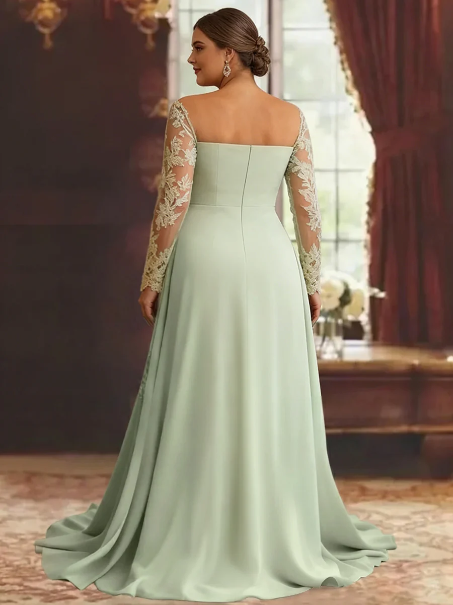 Trumpet/Mermaid Stretch Satin Plus Size Mother of the Bride Dresses Square Collar Long Sleeves Floor-Length Lace Appliques - Image 2