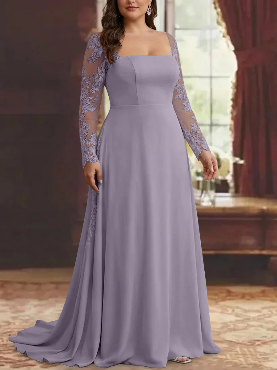 Trumpet/Mermaid Stretch Satin Plus Size Mother of the Bride Dresses Square Collar Long Sleeves Floor-Length Lace Appliques - Image 26