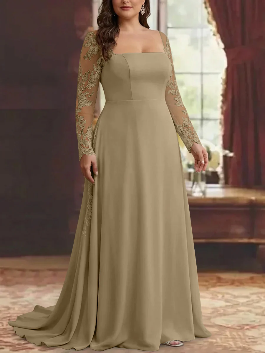 Trumpet/Mermaid Stretch Satin Plus Size Mother of the Bride Dresses Square Collar Long Sleeves Floor-Length Lace Appliques - Image 5
