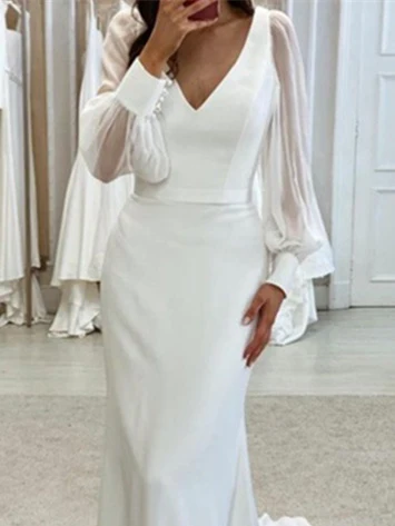Trumpet/Mermaid V-Neck Floor-Length Long Sleeves Wedding Dress - Image 2