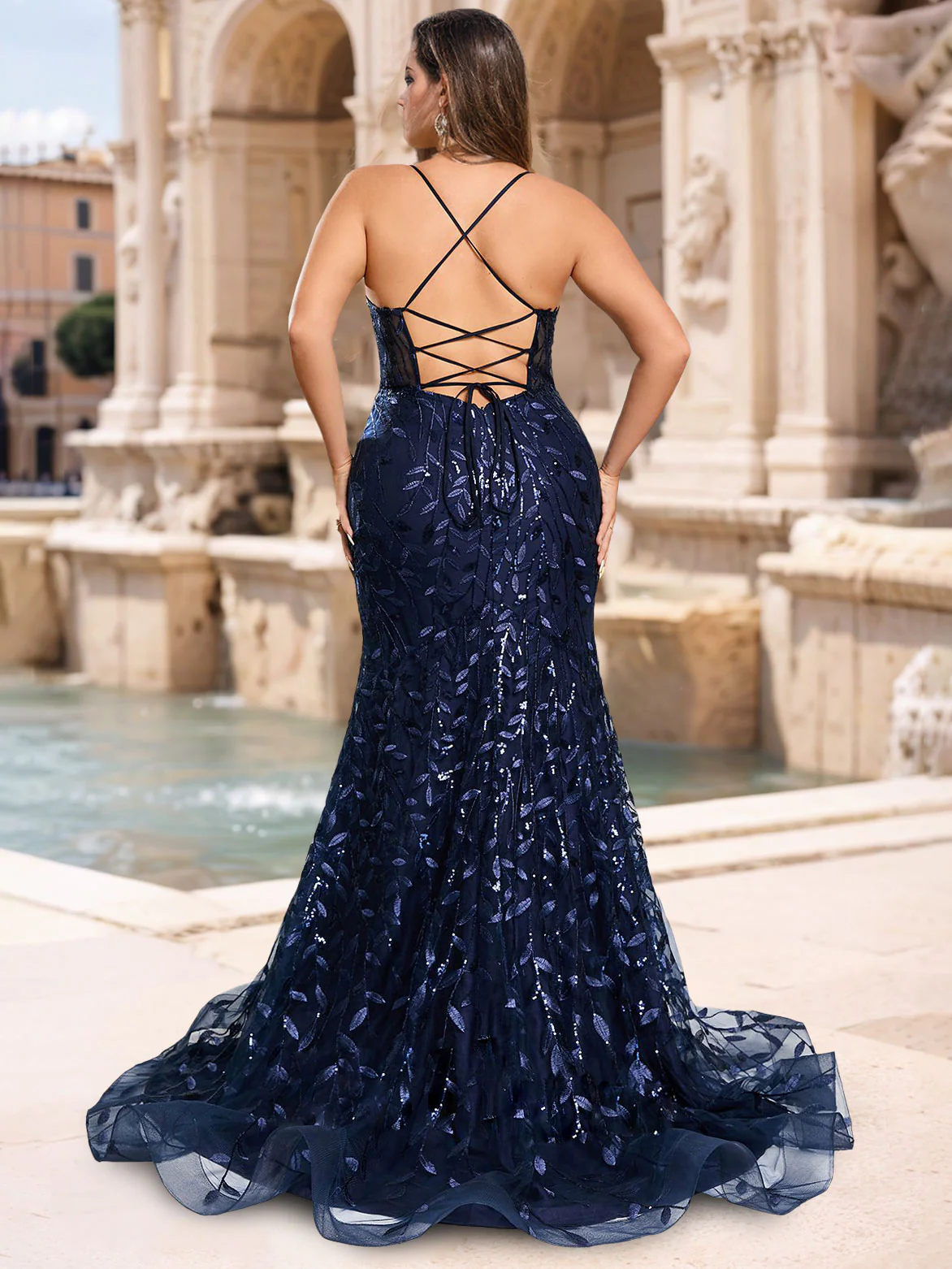 Trumpet/Mermaid V-Neck Floor-length Plus Size Prom Dresses with Split Side & Sequins - Image 2