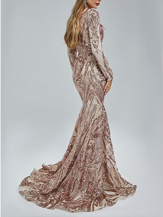 Trumpet/Mermaid V-Neck Long Sleeves Floor-Length Evening Dresses with Sequin - Image 3