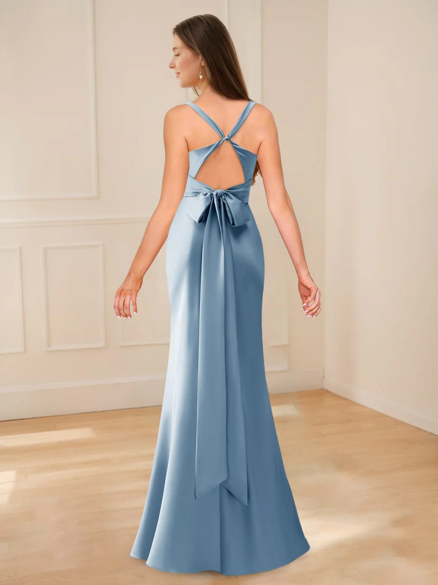 Trumpet/Mermaid V-Neck Sleeveless Floor-Length Bridesmaid Dresses with Criss-cross Straps & Bow Sash - Image 2