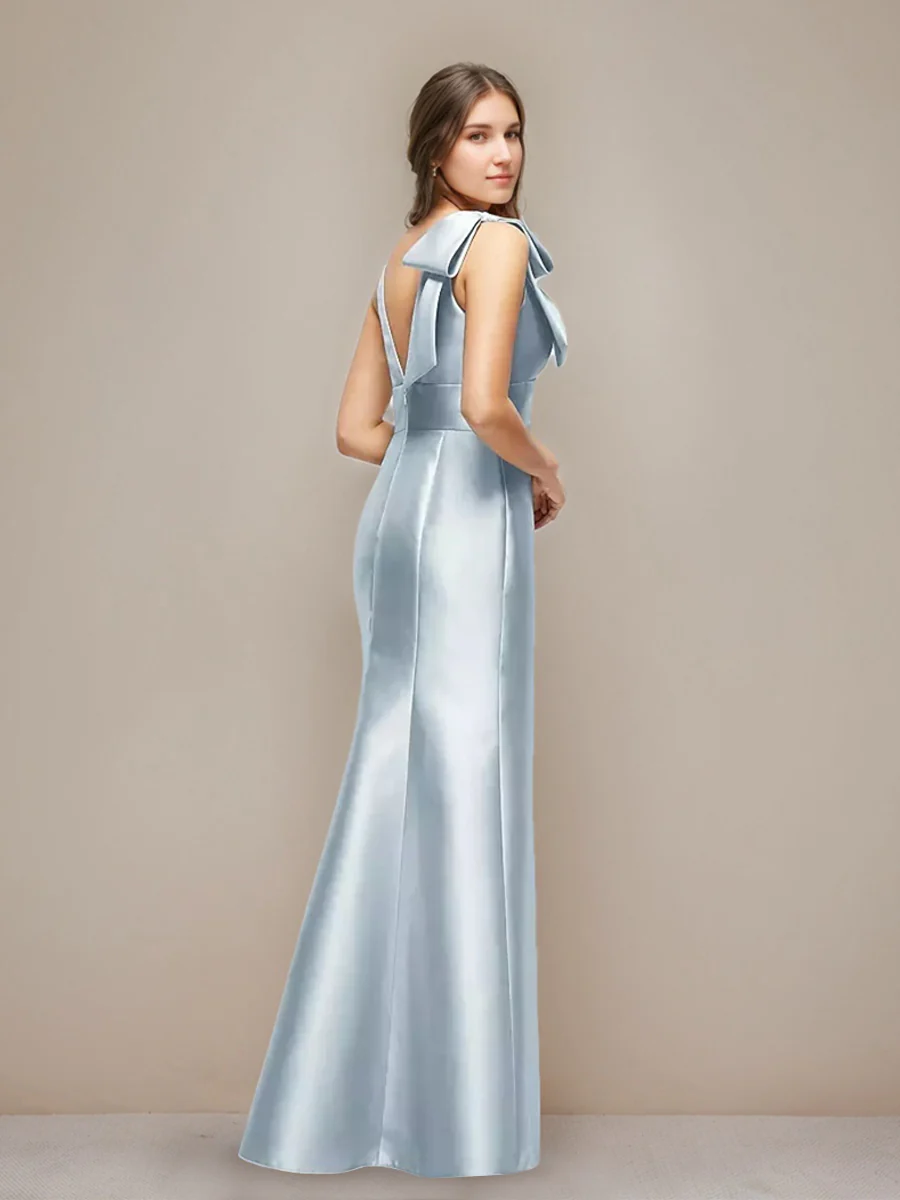 Trumpet/Mermaid V-neck Sleeveless Floor-Length Wedding Guest Dresses with Bow - Image 2