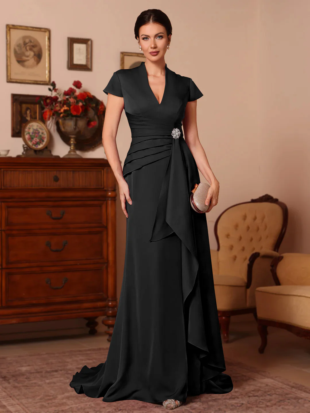 Trumpet/Mermaid V-Neck Stretch Satin Mother of the Bride Dresses Floor-Length Sweep Train Cap Sleeves Ruffles - Image 12