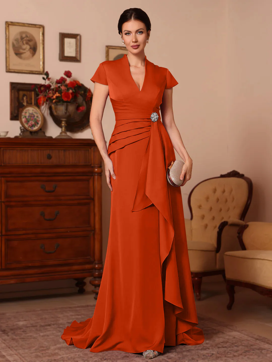 Trumpet/Mermaid V-Neck Stretch Satin Mother of the Bride Dresses Floor-Length Sweep Train Cap Sleeves Ruffles - Image 20