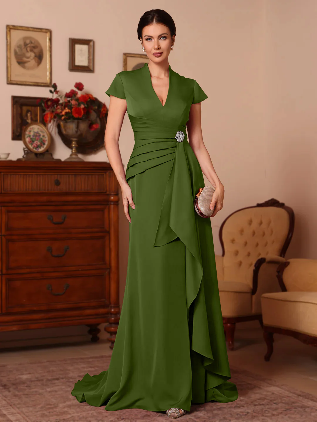 Trumpet/Mermaid V-Neck Stretch Satin Mother of the Bride Dresses Floor-Length Sweep Train Cap Sleeves Ruffles - Image 25
