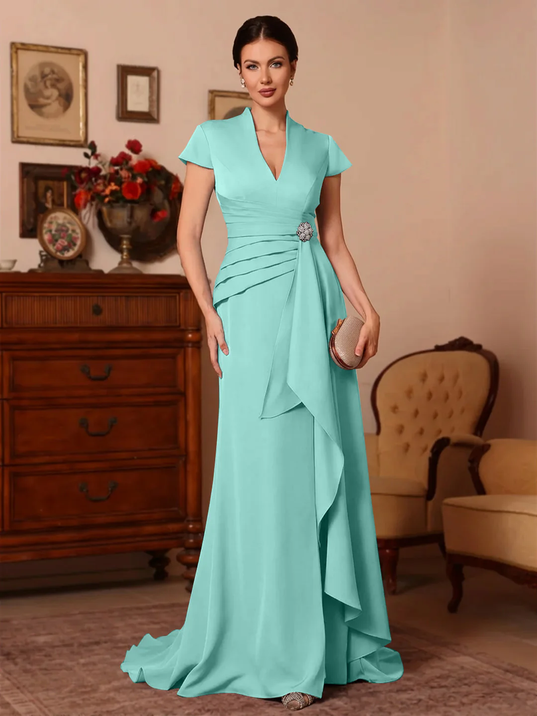 Trumpet/Mermaid V-Neck Stretch Satin Mother of the Bride Dresses Floor-Length Sweep Train Cap Sleeves Ruffles - Image 35