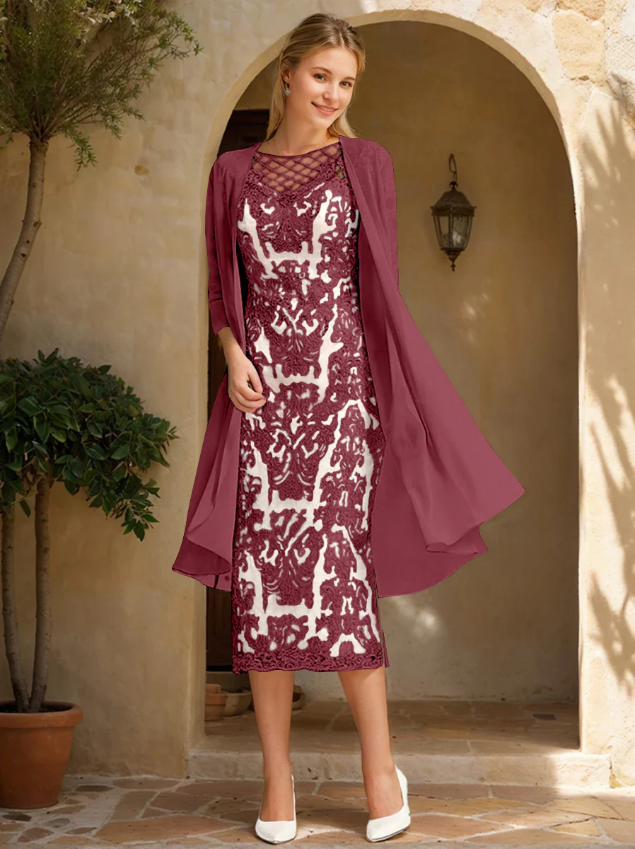 Two Pieces Sheath/Column Jewel Neck Mother of the Bride & Groom Dresses with Lace Appliques & Beadings - Image 24