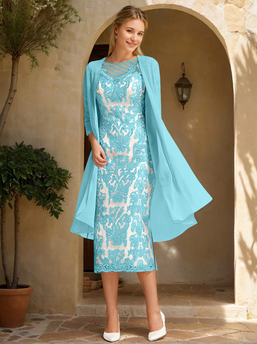 Two Pieces Sheath/Column Jewel Neck Mother of the Bride & Groom Dresses with Lace Appliques & Beadings - Image 31