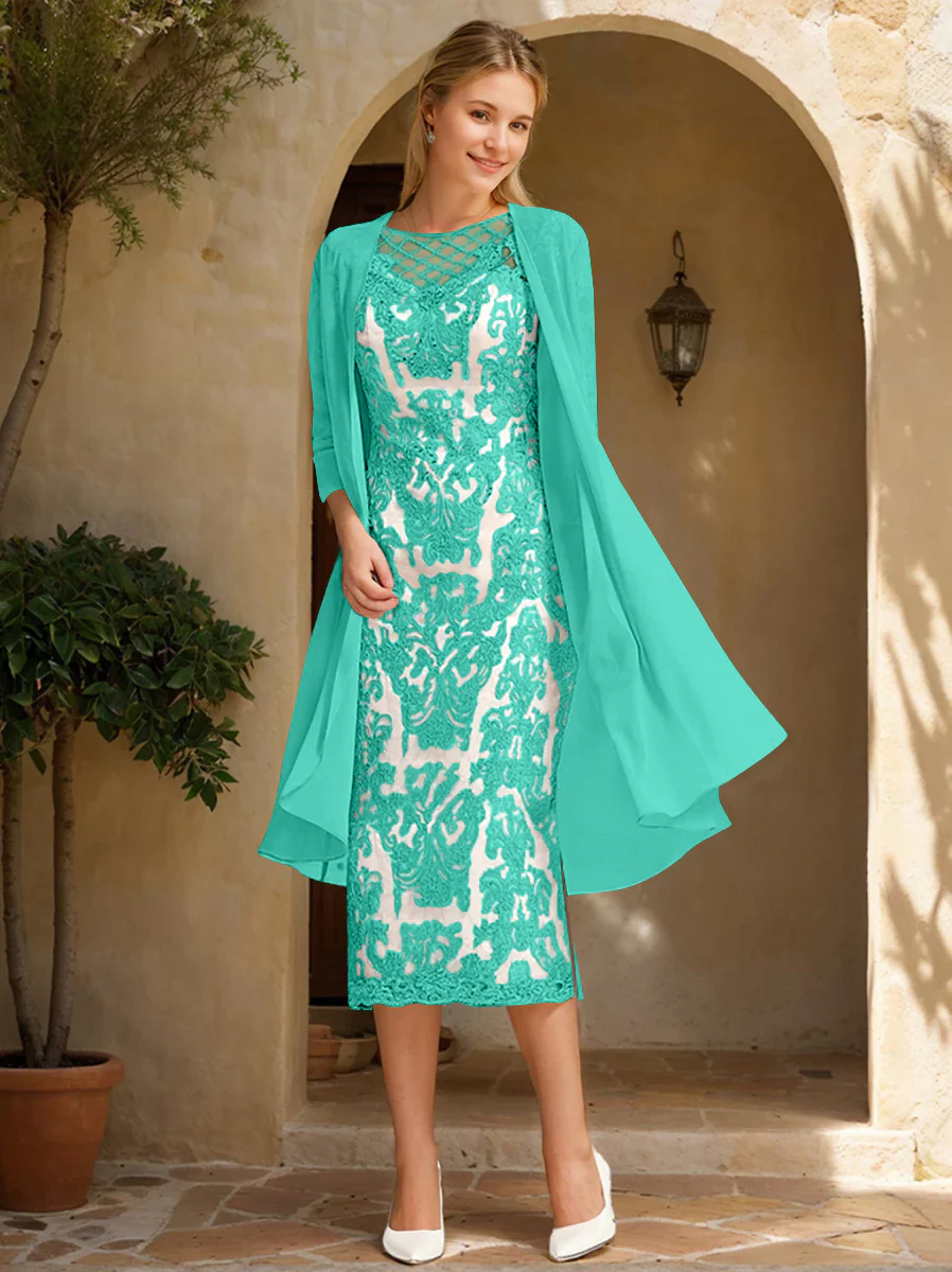 Two Pieces Sheath/Column Jewel Neck Mother of the Bride & Groom Dresses with Lace Appliques & Beadings - Image 50