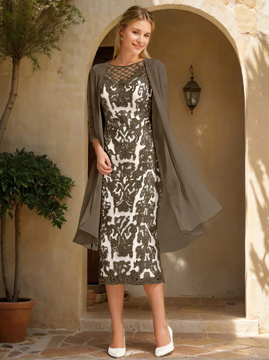 Two Pieces Sheath/Column Jewel Neck Mother of the Bride & Groom Dresses with Lace Appliques & Beadings - Image 53