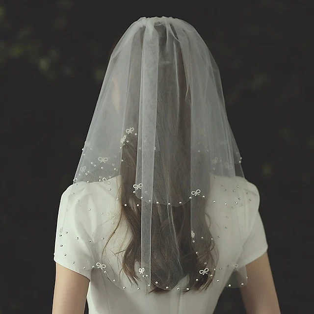 Two-tier Cute / Stylish / Birthday Wedding Veil with Faux Pearl Tulle - Image 2