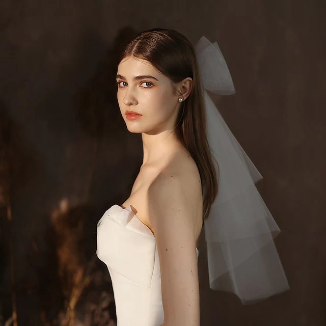 Two-tier Cute Wedding Veils Elbow Veils with Pure Color Tulle - Image 3