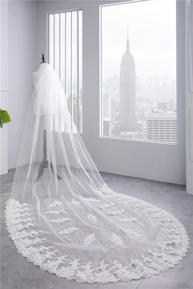 Two-tier Lace Wedding Veil with Appliques - Image 2