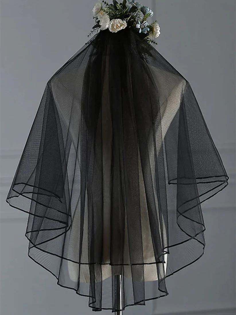 Two-tier Lace Wedding Veils Elbow Veils with Ribbon Edge - Image 3