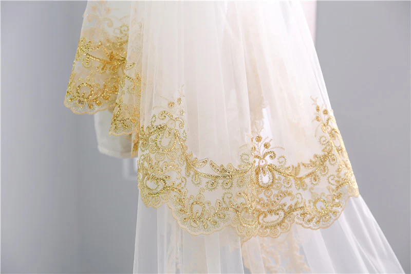 Two-tier Luxurious Wedding Veil with Golden Lace - Image 4
