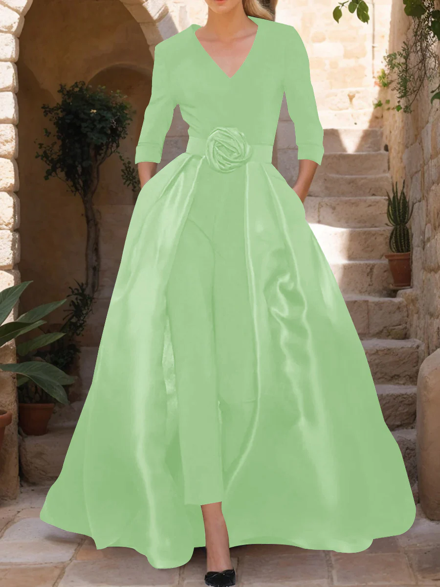 V-Neck 3/4 Sleeves Mother of the Bride Jumpsuit with Flower Belt - Image 10