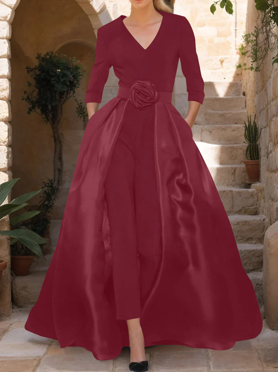 V-Neck 3/4 Sleeves Mother of the Bride Jumpsuit with Flower Belt - Image 14